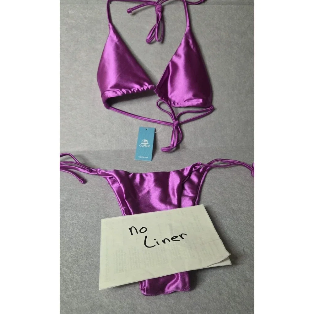 CUPSHE Satin Purple Triangle String 2pc Bikini Set Womens Sz S Tie Side Halter